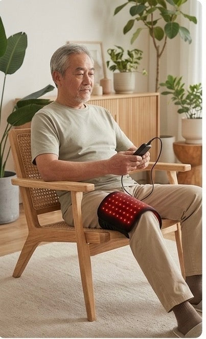    Man using red light therapy belt on knee for targeted pain relief