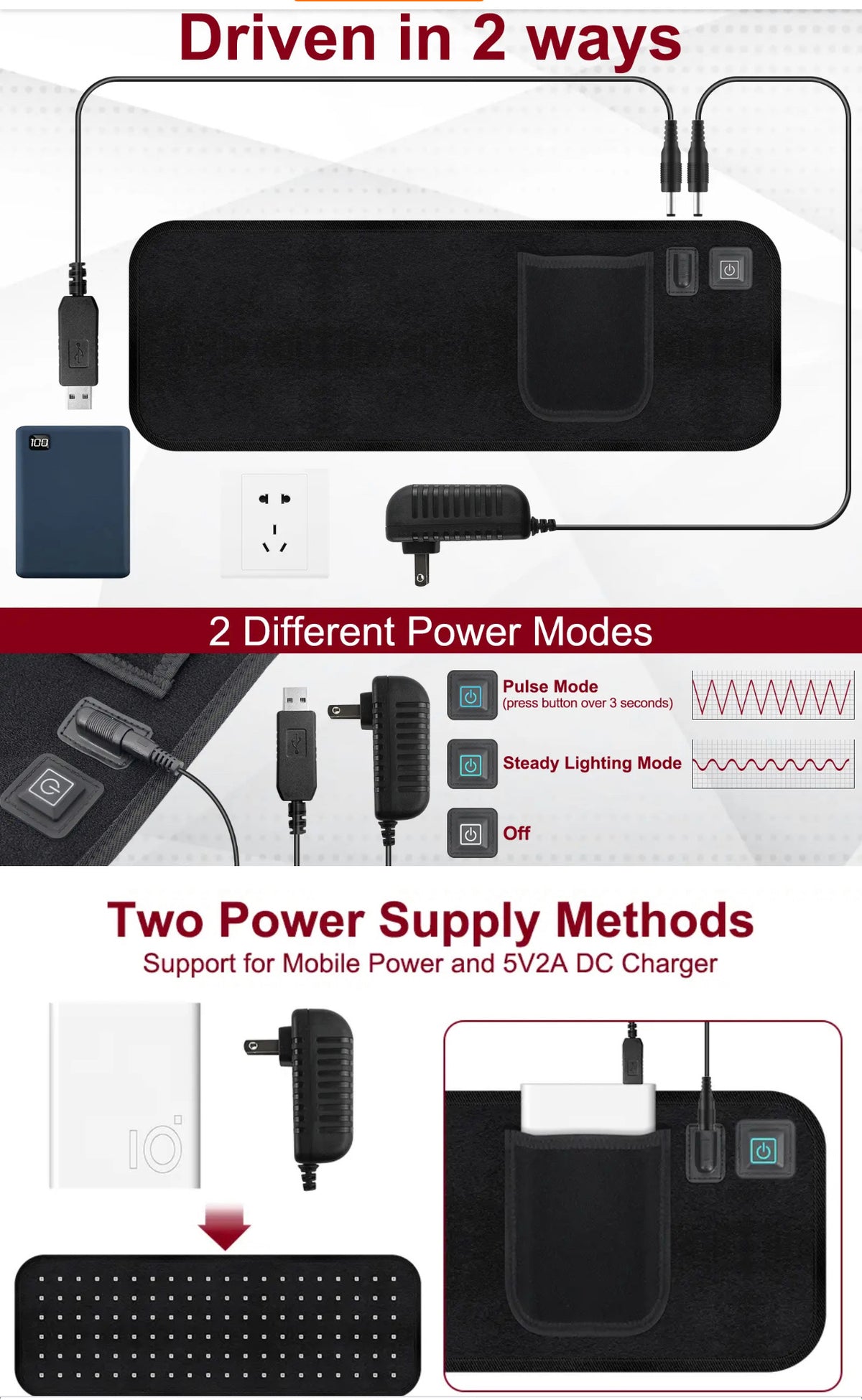     Portable red light therapy belt with multiple power supply options